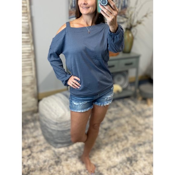 ❤️🔥One Cold Shoulder Cutout Waffle Asymmetrical Long Sleeve Top Blue 4320 - Picture 7 of 8